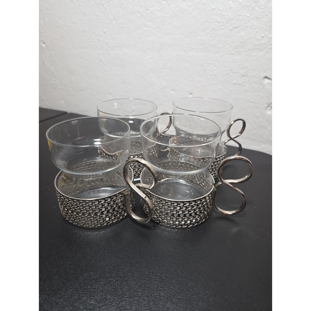 Vintage Littala Tsaikka Finland Tea Coffee Cups Glass & Metal Holders Set of 4